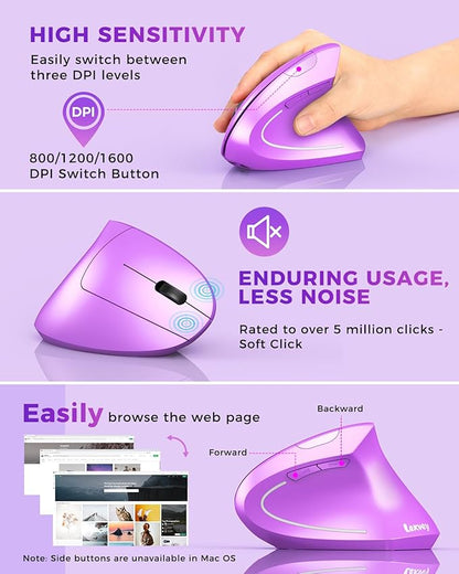 Lekvey Ergonomic Mouse, Wireless Vertical Mouse Rechargeable 2.4 GHz Optical Carpal Tunnel Mice : 800/1200 / 1600 DPI, 6 Buttons, for Laptop, PC, Mac, Computer, Desktop, Notebook etc, Purple | Mice - TrueDesk