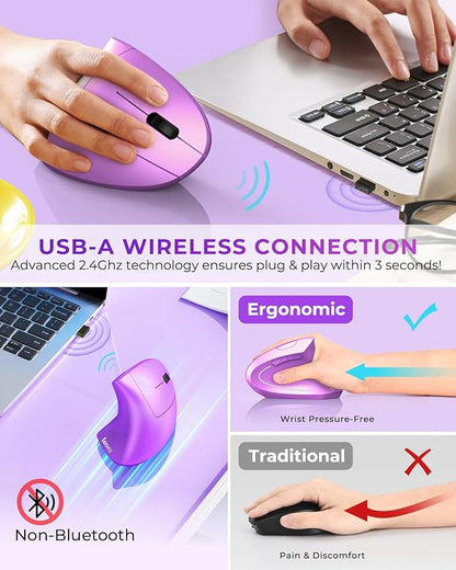 Lekvey Ergonomic Mouse, Wireless Vertical Mouse Rechargeable 2.4 GHz Optical Carpal Tunnel Mice : 800/1200 / 1600 DPI, 6 Buttons, for Laptop, PC, Mac, Computer, Desktop, Notebook etc, Purple | Mice - TrueDesk