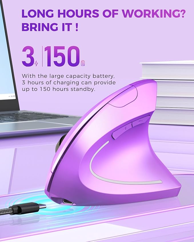 Lekvey Ergonomic Mouse, Wireless Vertical Mouse Rechargeable 2.4 GHz Optical Carpal Tunnel Mice : 800/1200 / 1600 DPI, 6 Buttons, for Laptop, PC, Mac, Computer, Desktop, Notebook etc, Purple | Mice - TrueDesk