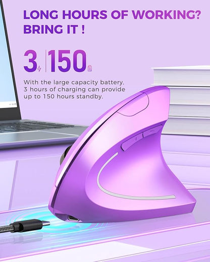 Lekvey Ergonomic Mouse, Wireless Vertical Mouse Rechargeable 2.4 GHz Optical Carpal Tunnel Mice : 800/1200 / 1600 DPI, 6 Buttons, for Laptop, PC, Mac, Computer, Desktop, Notebook etc, Purple | Mice - TrueDesk