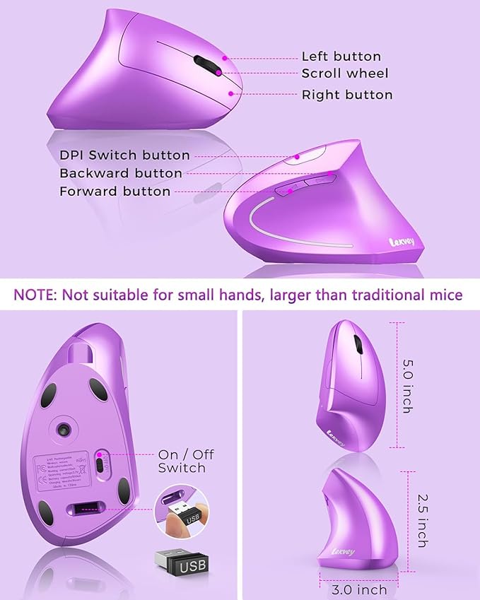 Lekvey Ergonomic Mouse, Wireless Vertical Mouse Rechargeable 2.4 GHz Optical Carpal Tunnel Mice : 800/1200 / 1600 DPI, 6 Buttons, for Laptop, PC, Mac, Computer, Desktop, Notebook etc, Purple | Mice - TrueDesk