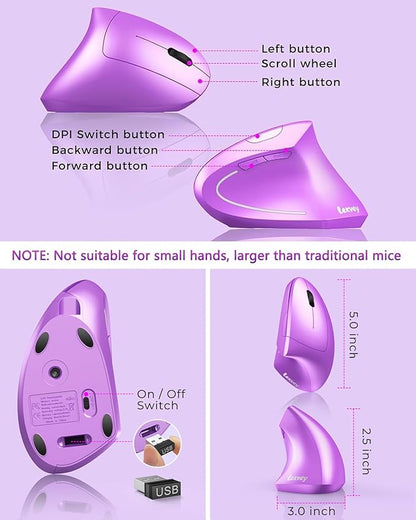 Lekvey Ergonomic Mouse, Wireless Vertical Mouse Rechargeable 2.4 GHz Optical Carpal Tunnel Mice : 800/1200 / 1600 DPI, 6 Buttons, for Laptop, PC, Mac, Computer, Desktop, Notebook etc, Purple | Mice - TrueDesk