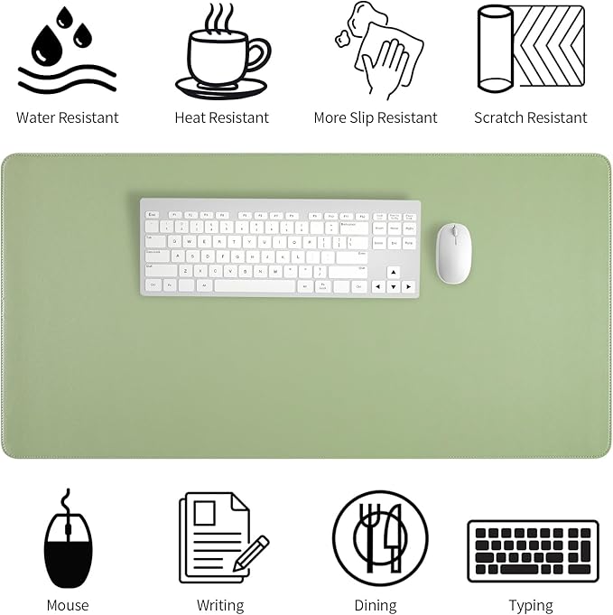 Light Green Desk Mat with Stitched Edges, Large Mouse Pad, Non - Slip Desk Protector Mat, Leather Desk Blotter, Waterproof Desk Pad for Office Home Decor(31.5×15.7 Inches) | Desk Pads Blotters - TrueDesk