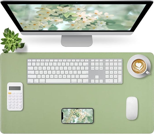 Light Green Desk Mat with Stitched Edges, Large Mouse Pad, Non - Slip Desk Protector Mat, Leather Desk Blotter, Waterproof Desk Pad for Office Home Decor(31.5×15.7 Inches) | Desk Pads Blotters - TrueDesk