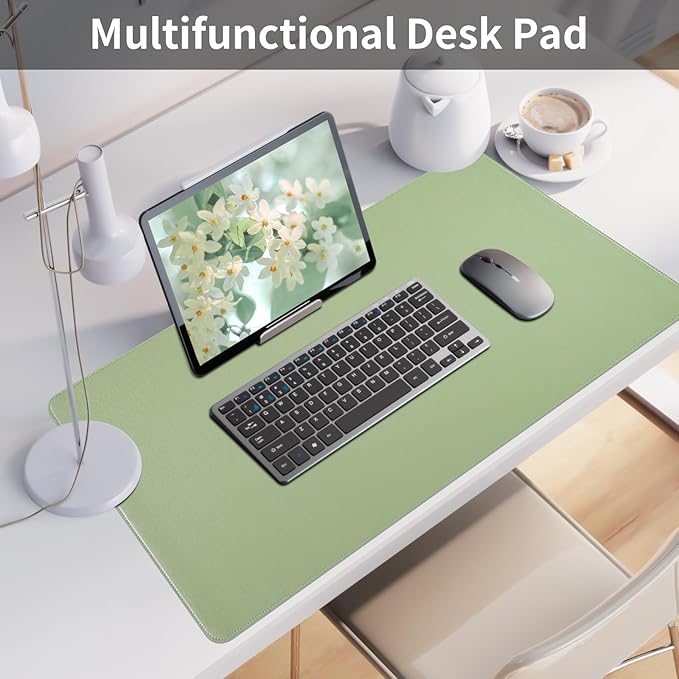 Light Green Desk Mat with Stitched Edges, Large Mouse Pad, Non - Slip Desk Protector Mat, Leather Desk Blotter, Waterproof Desk Pad for Office Home Decor(31.5×15.7 Inches) | Desk Pads Blotters - TrueDesk