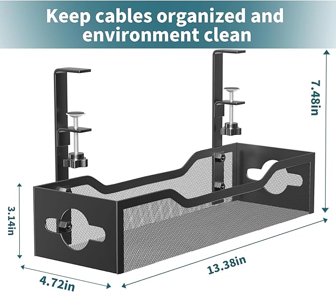 Litwaro Under Desk Cable Management Tray 2 Pack, No Drill, Organizer with Clamp Easy to Install for Standing Cord Organizer, Wire Damage Desk, Black, 13.38'' - 2 pack | Racks Cabinets - TrueDesk