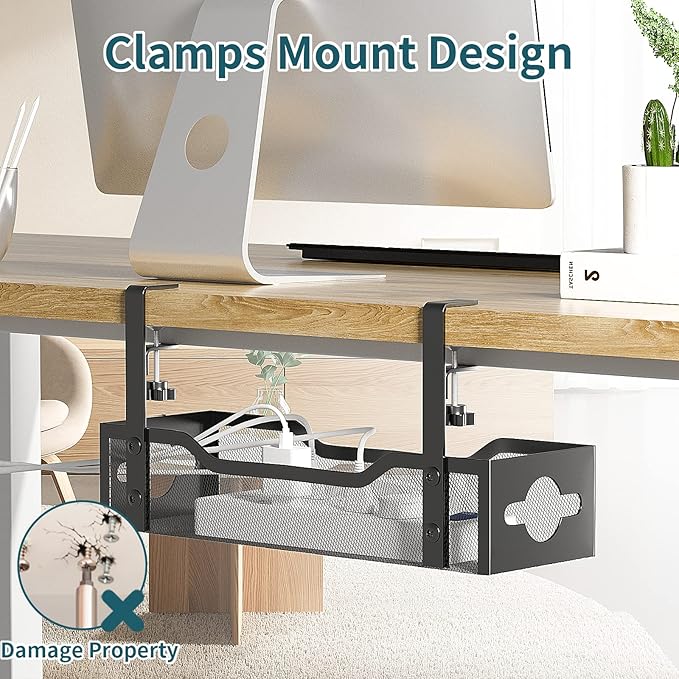 Litwaro Under Desk Cable Management Tray 2 Pack, No Drill, Organizer with Clamp Easy to Install for Standing Cord Organizer, Wire Damage Desk, Black, 13.38'' - 2 pack | Racks Cabinets - TrueDesk