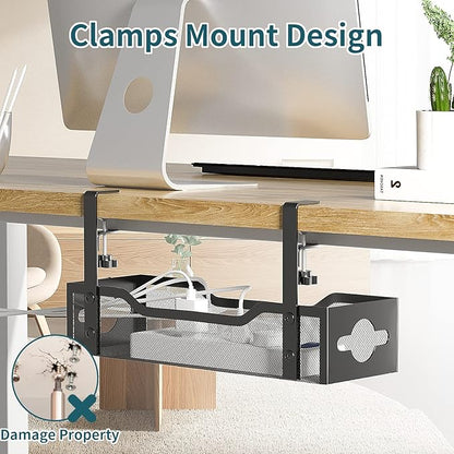 Litwaro Under Desk Cable Management Tray 2 Pack, No Drill, Organizer with Clamp Easy to Install for Standing Cord Organizer, Wire Damage Desk, Black, 13.38'' - 2 pack | Racks Cabinets - TrueDesk