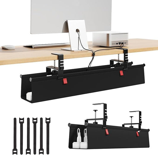 Litwaro Under Desk Cable Management Tray No Drill, 28.4" Cord Organizer with Clamp for Standing Desk, Premium Fabric Cable Tray with Wire Management for Office Home, Black | Racks Cabinets - TrueDesk
