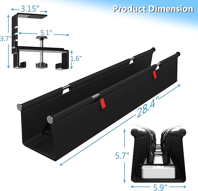 Litwaro Under Desk Cable Management Tray No Drill, 28.4" Cord Organizer with Clamp for Standing Desk, Premium Fabric Cable Tray with Wire Management for Office Home, Black | Racks Cabinets - TrueDesk