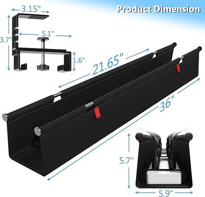 Litwaro Under Desk Cable Management Tray No Drill, 36" Cord Organizer with Clamp for Standing Desk, Premium Fabric Cable Tray with Wire Management for Office Home, Black | Cable Raceways - TrueDesk