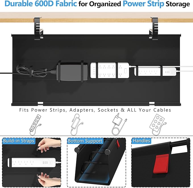 Litwaro Under Desk Cable Management Tray No Drill, 36" Cord Organizer with Clamp for Standing Desk, Premium Fabric Cable Tray with Wire Management for Office Home, Black | Cable Raceways - TrueDesk