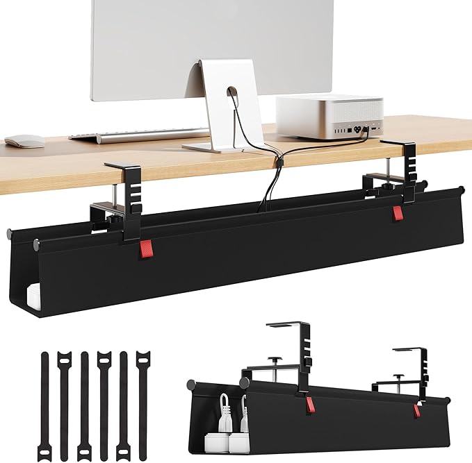 Litwaro Under Desk Cable Management Tray No Drill, 36" Cord Organizer with Clamp for Standing Desk, Premium Fabric Cable Tray with Wire Management for Office Home, Black | Cable Raceways - TrueDesk