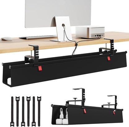 Litwaro Under Desk Cable Management Tray No Drill, 36" Cord Organizer with Clamp for Standing Desk, Premium Fabric Cable Tray with Wire Management for Office Home, Black | Cable Raceways - TrueDesk