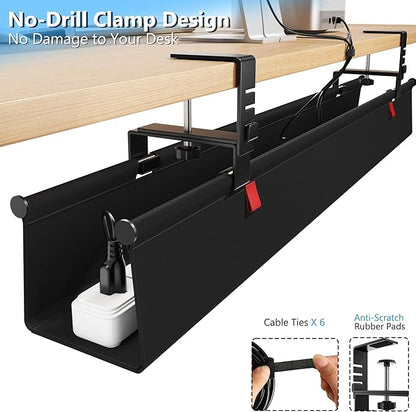 Litwaro Under Desk Cable Management Tray No Drill, 36" Cord Organizer with Clamp for Standing Desk, Premium Fabric Cable Tray with Wire Management for Office Home, Black | Cable Raceways - TrueDesk