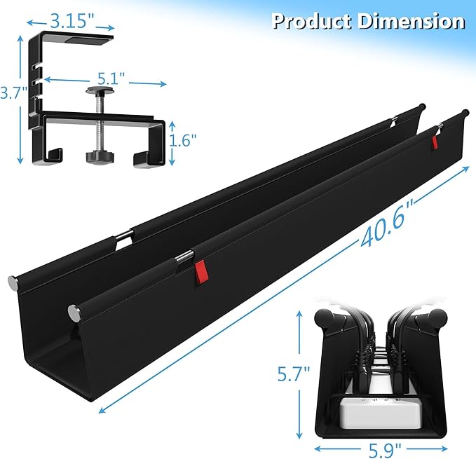 Litwaro Under Desk Cable Management Tray No Drill, 40.6" Cord Organizer with Clamp for Standing Desk, Premium Fabric Cable Tray with Wire Management for Office Home, Black | Cable Raceways - TrueDesk