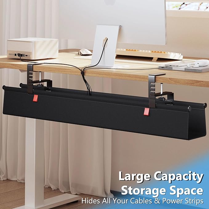 Litwaro Under Desk Cable Management Tray No Drill, 40.6" Cord Organizer with Clamp for Standing Desk, Premium Fabric Cable Tray with Wire Management for Office Home, Black | Cable Raceways - TrueDesk