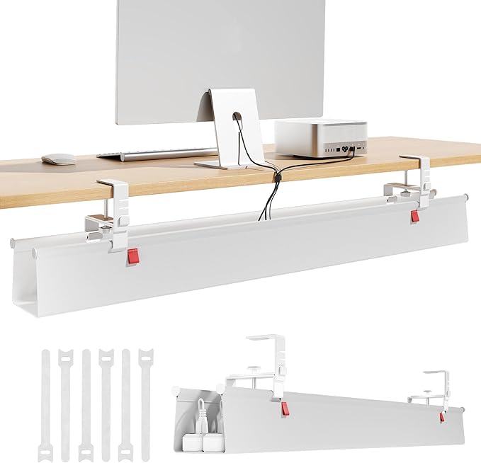 Litwaro Under Desk Cable Management Tray No Drill, 40.6" Cord Organizer with Clamp for Standing Desk, Premium Fabric Cable Tray with Wire Management for Office Home, White | Racks Cabinets - TrueDesk
