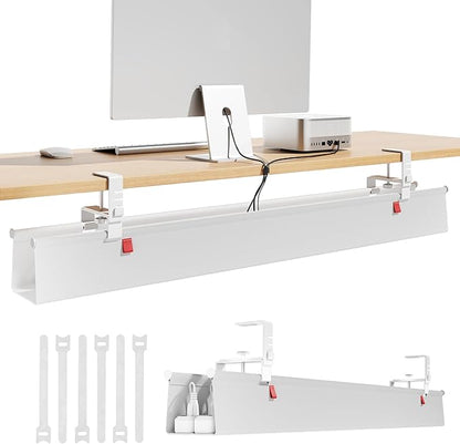 Litwaro Under Desk Cable Management Tray No Drill, 40.6" Cord Organizer with Clamp for Standing Desk, Premium Fabric Cable Tray with Wire Management for Office Home, White | Racks Cabinets - TrueDesk