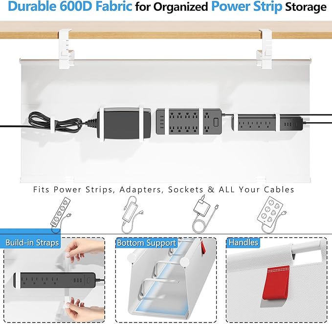 Litwaro Under Desk Cable Management Tray No Drill, 40.6" Cord Organizer with Clamp for Standing Desk, Premium Fabric Cable Tray with Wire Management for Office Home, White | Racks Cabinets - TrueDesk