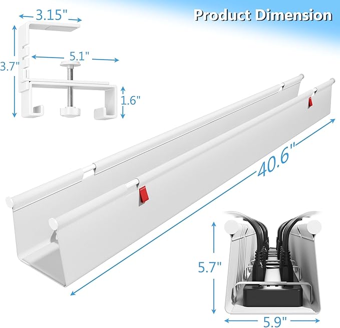 Litwaro Under Desk Cable Management Tray No Drill, 40.6" Cord Organizer with Clamp for Standing Desk, Premium Fabric Cable Tray with Wire Management for Office Home, White | Racks Cabinets - TrueDesk