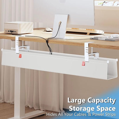 Litwaro Under Desk Cable Management Tray No Drill, 40.6" Cord Organizer with Clamp for Standing Desk, Premium Fabric Cable Tray with Wire Management for Office Home, White | Racks Cabinets - TrueDesk