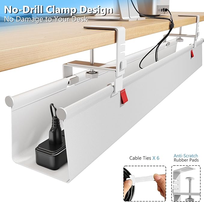 Litwaro Under Desk Cable Management Tray No Drill, 40.6" Cord Organizer with Clamp for Standing Desk, Premium Fabric Cable Tray with Wire Management for Office Home, White | Racks Cabinets - TrueDesk
