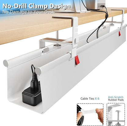Litwaro Under Desk Cable Management Tray No Drill, 40.6" Cord Organizer with Clamp for Standing Desk, Premium Fabric Cable Tray with Wire Management for Office Home, White | Racks Cabinets - TrueDesk