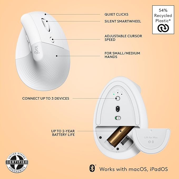 Logitech Lift for Mac Wireless Vertical Ergonomic Mouse, Bluetooth, Quiet Clicks, Silent Smartwheel, 4 Customizable Buttons, for macOS/iPadOS/MacBook Pro/MacBook Air/iMac/iPad - Off White | Mice - TrueDesk