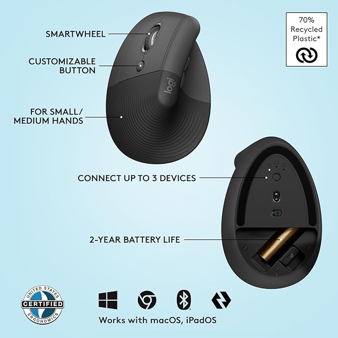 Logitech Lift Left Vertical Ergonomic Mouse, Left - Handed, Wireless, Bluetooth or Logi Bolt USB, Quiet clicks, 4 Buttons, Compatible with Windows/macOS/iPadOS, Laptop, PC - Graphite | Mice - TrueDesk