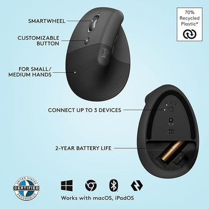 Logitech Lift Left Vertical Ergonomic Mouse, Left - Handed, Wireless, Bluetooth or Logi Bolt USB, Quiet clicks, 4 Buttons, Compatible with Windows/macOS/iPadOS, Laptop, PC - Graphite | Mice - TrueDesk