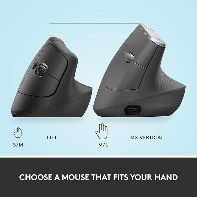 Logitech Lift Vertical Ergonomic Mouse, Wireless, Bluetooth or Logi Bolt USB Receiver, Quiet clicks, 4 Buttons, Compatible with Windows/macOS/iPadOS, Laptop, PC - Graphite | Mice - TrueDesk