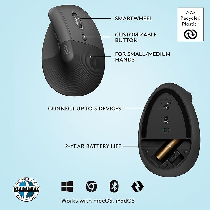 Logitech Lift Vertical Ergonomic Mouse, Wireless, Bluetooth or Logi Bolt USB Receiver, Quiet clicks, 4 Buttons, Compatible with Windows/macOS/iPadOS, Laptop, PC - Graphite | Mice - TrueDesk