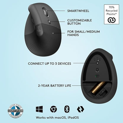Logitech Lift Vertical Ergonomic Mouse, Wireless, Bluetooth or Logi Bolt USB Receiver, Quiet clicks, 4 Buttons, Compatible with Windows/macOS/iPadOS, Laptop, PC - Graphite | Mice - TrueDesk