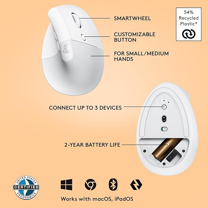 Logitech Lift Vertical Ergonomic Mouse, Wireless, Bluetooth or Logi Bolt USB Receiver, Quiet clicks, 4 Buttons, Compatible with Windows/macOS/iPadOS, Laptop, PC - Off White | Mice - TrueDesk