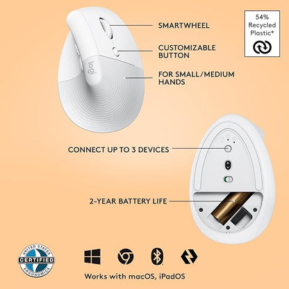 Logitech Lift Vertical Ergonomic Mouse, Wireless, Bluetooth or Logi Bolt USB Receiver, Quiet clicks, 4 Buttons, Compatible with Windows/macOS/iPadOS, Laptop, PC - Off White | Mice - TrueDesk