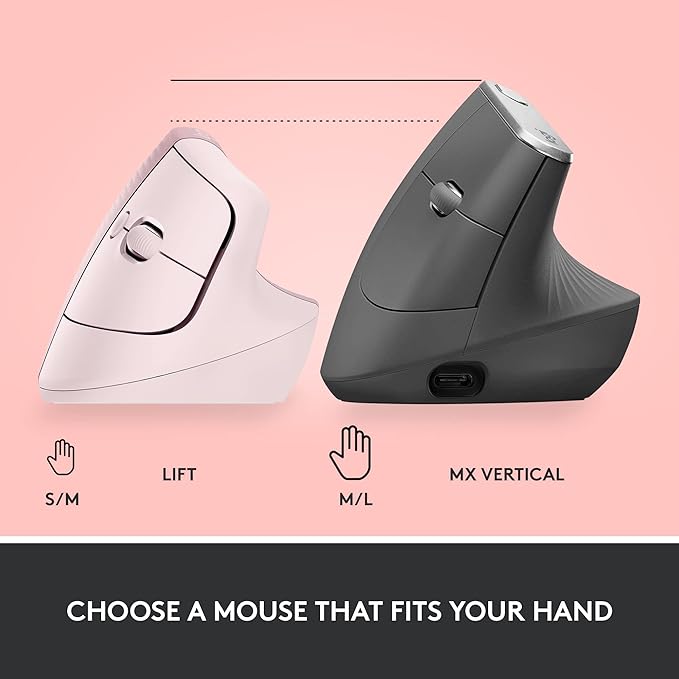 Logitech Lift Vertical Ergonomic Mouse, Wireless, Bluetooth or Logi Bolt USB Receiver, Quiet clicks, 4 Buttons, Compatible with Windows/macOS/iPadOS, Laptop, PC - Rose | Mice - TrueDesk