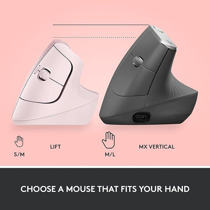 Logitech Lift Vertical Ergonomic Mouse, Wireless, Bluetooth or Logi Bolt USB Receiver, Quiet clicks, 4 Buttons, Compatible with Windows/macOS/iPadOS, Laptop, PC - Rose | Mice - TrueDesk