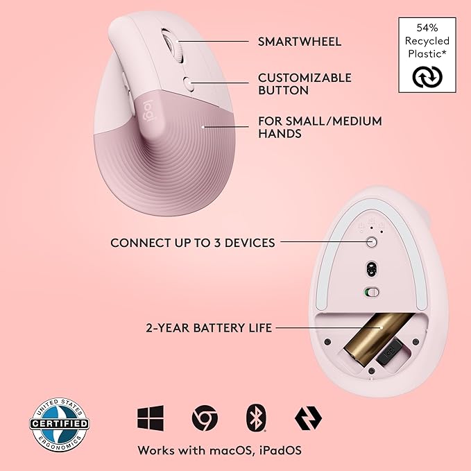 Logitech Lift Vertical Ergonomic Mouse, Wireless, Bluetooth or Logi Bolt USB Receiver, Quiet clicks, 4 Buttons, Compatible with Windows/macOS/iPadOS, Laptop, PC - Rose | Mice - TrueDesk