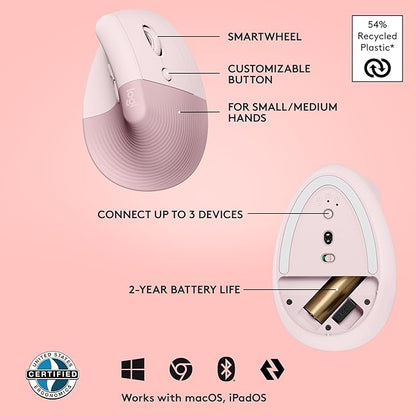 Logitech Lift Vertical Ergonomic Mouse, Wireless, Bluetooth or Logi Bolt USB Receiver, Quiet clicks, 4 Buttons, Compatible with Windows/macOS/iPadOS, Laptop, PC - Rose | Mice - TrueDesk