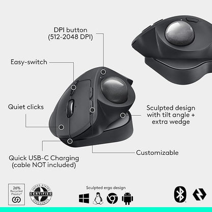 Logitech MX Ergo S Advanced Wireless Trackball Mouse, USB - C Rechargeable Wireless Ergonomic Mouse with Bluetooth and Encrypted Dongle, 6 Programmable Buttons, for PC/Mac | Mice - TrueDesk