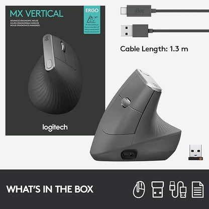 Logitech MX Vertical Wireless Mouse – Ergonomic Design Reduces Muscle Strain, Move Content Between 3 Windows and Apple Computers, Rechargeable, Graphite | Mice - TrueDesk