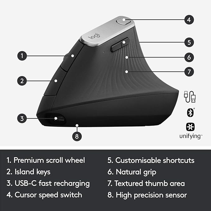 Logitech MX Vertical Wireless Mouse – Ergonomic Design Reduces Muscle Strain, Move Content Between 3 Windows and Apple Computers, Rechargeable, Graphite | Mice - TrueDesk