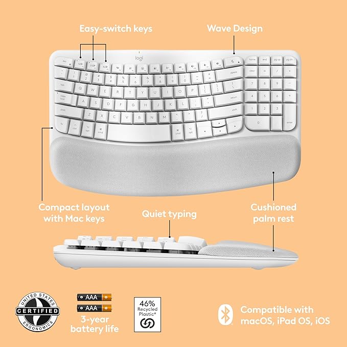 Logitech Wave Keys for Mac, Wireless Ergonomic Keyboard with Cushioned Palm Rest, Comfortable Natural Typing, Bluetooth Keyboard, Easy - Switch, Optimized for Mac, Apple, iPad - Off White | Keyboards - TrueDesk