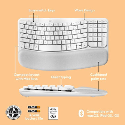 Logitech Wave Keys for Mac, Wireless Ergonomic Keyboard with Cushioned Palm Rest, Comfortable Natural Typing, Bluetooth Keyboard, Easy - Switch, Optimized for Mac, Apple, iPad - Off White | Keyboards - TrueDesk