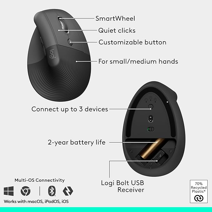 Logitech Wave Keys & Lift Vertical Mouse - Ergonomic Wireless Keyboard and Mouse Combo - with Cushioned Palm Rest, Easy - Switch, Bluetooth, for Multi - OS, Windows/Mac - Graphite | Keyboard Mouse Combos - TrueDesk