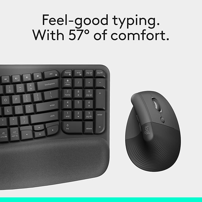 Logitech Wave Keys & Lift Vertical Mouse - Ergonomic Wireless Keyboard and Mouse Combo - with Cushioned Palm Rest, Easy - Switch, Bluetooth, for Multi - OS, Windows/Mac - Graphite | Keyboard Mouse Combos - TrueDesk