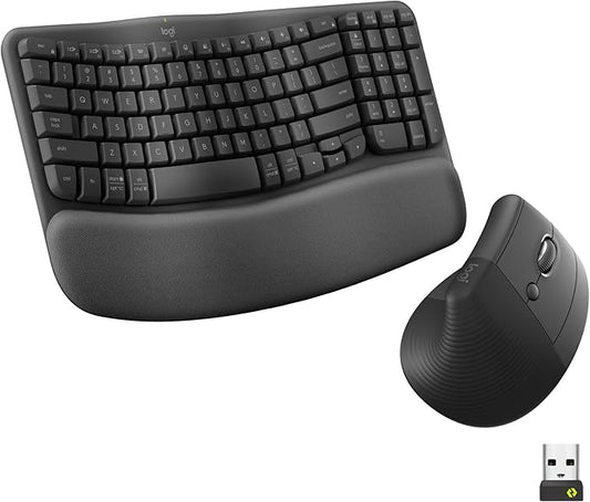 Logitech Wave Keys & Lift Vertical Mouse - Ergonomic Wireless Keyboard and Mouse Combo - with Cushioned Palm Rest, Easy - Switch, Bluetooth, for Multi - OS, Windows/Mac - Graphite | Keyboard Mouse Combos - TrueDesk