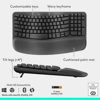 Logitech Wave Keys & Lift Vertical Mouse - Ergonomic Wireless Keyboard and Mouse Combo - with Cushioned Palm Rest, Easy - Switch, Bluetooth, for Multi - OS, Windows/Mac - Graphite | Keyboard Mouse Combos - TrueDesk