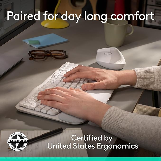 Logitech Wave Keys & Lift Vertical Mouse - Ergonomic Wireless Keyboard and Mouse Combo - with Cushioned Palm Rest, Easy - Switch, Bluetooth, for Multi - OS, Windows/Mac - Off - White | Keyboard Mouse Combos - TrueDesk